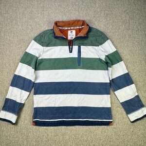 Fat Face‎ Rugby Shirt Mens Large Green Navy Stripe Elbow Patch Heavy Cotton